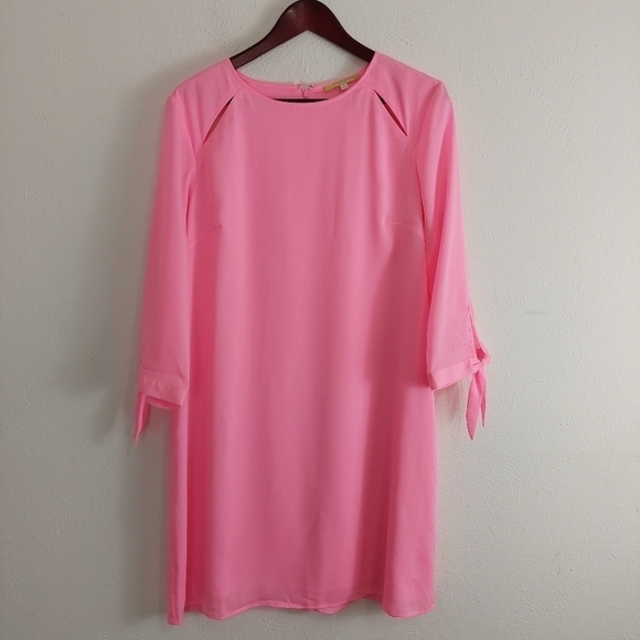 Gianni Bini Pink Chiffon Shift Dress Midi Tie Sleeves Lined Size Large Cut-Outs. - Picture 2 of 10